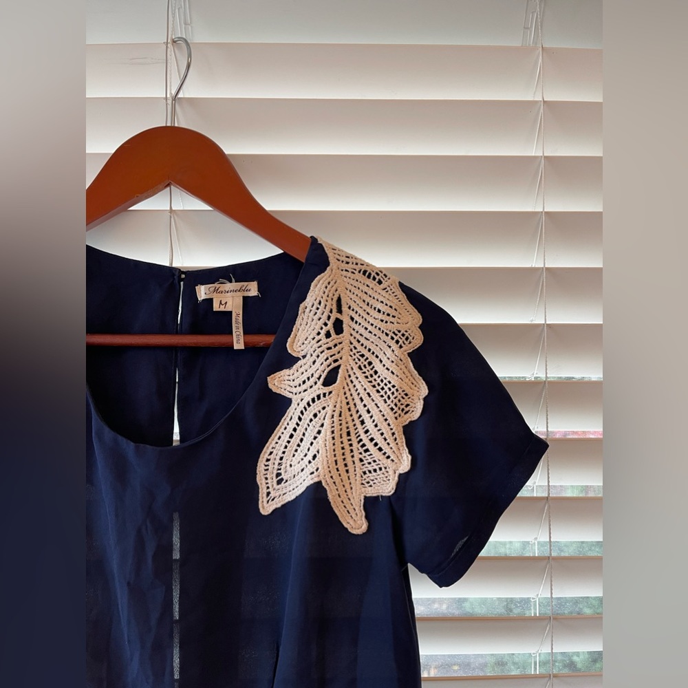 Navy Blue Blouse with White Shoulder Embroidery